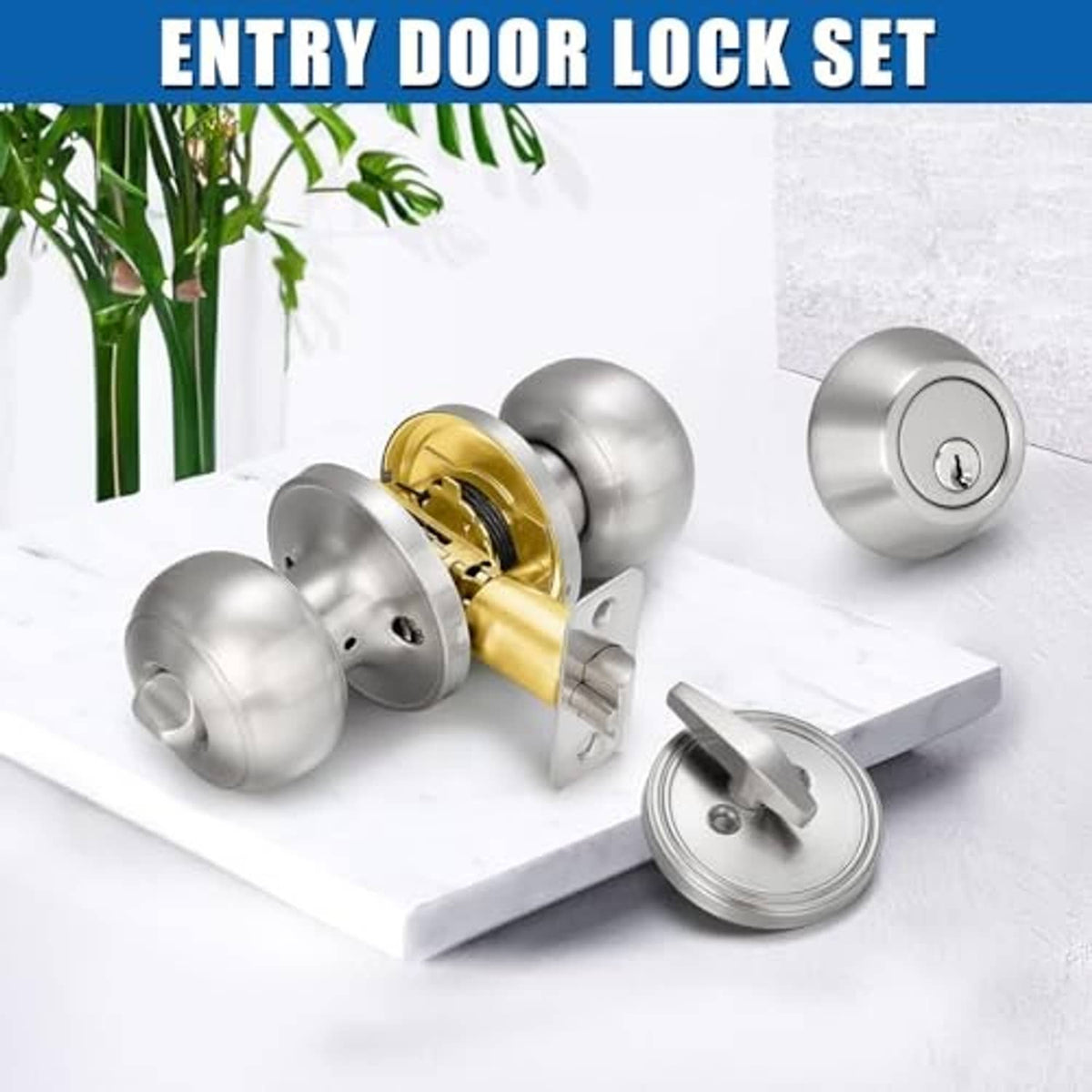 Satin nickel entry lock set with deadbolt, door knob, and two keys