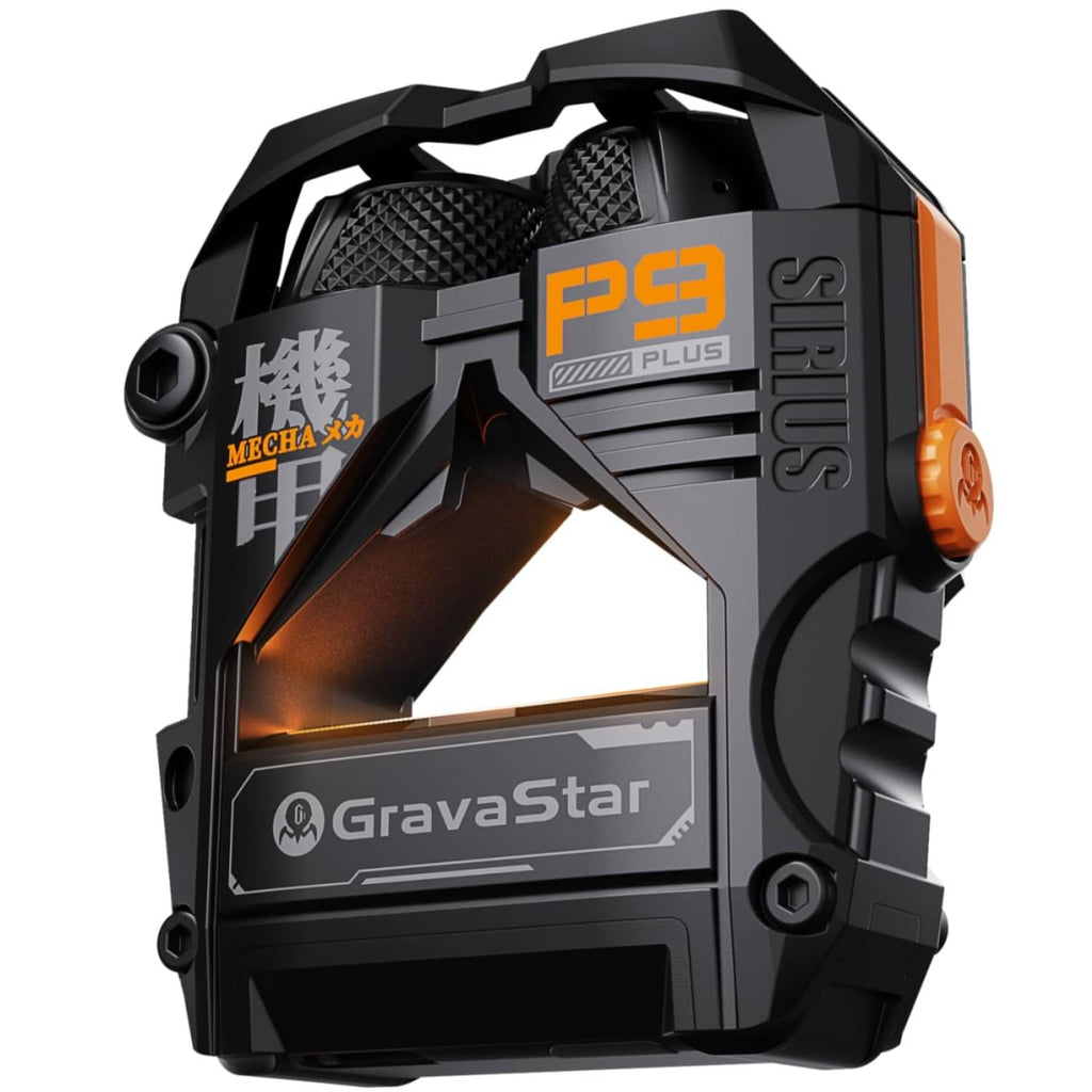 Black True Wireless earbuds charging case with orange accents, rugged design close-up