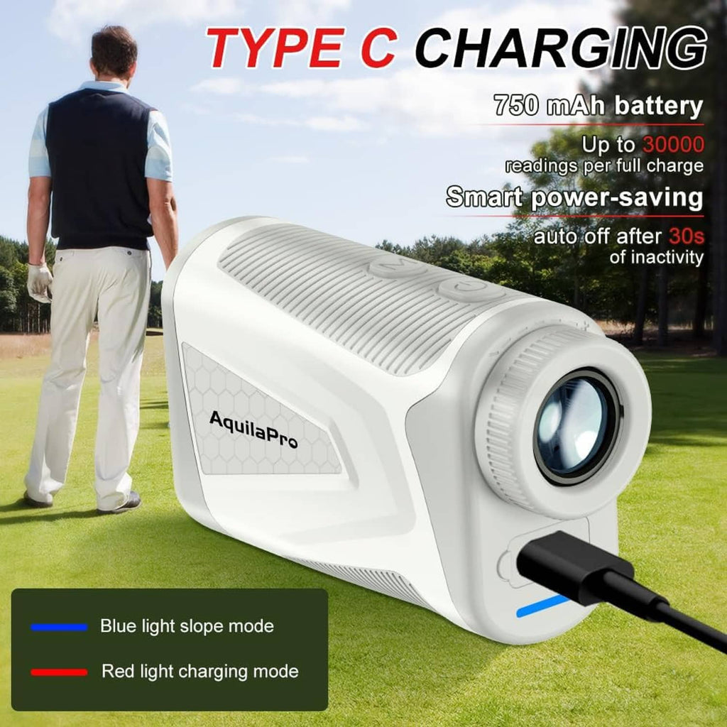 White AquilaPro rangefinder with Type-C charging cable and battery info