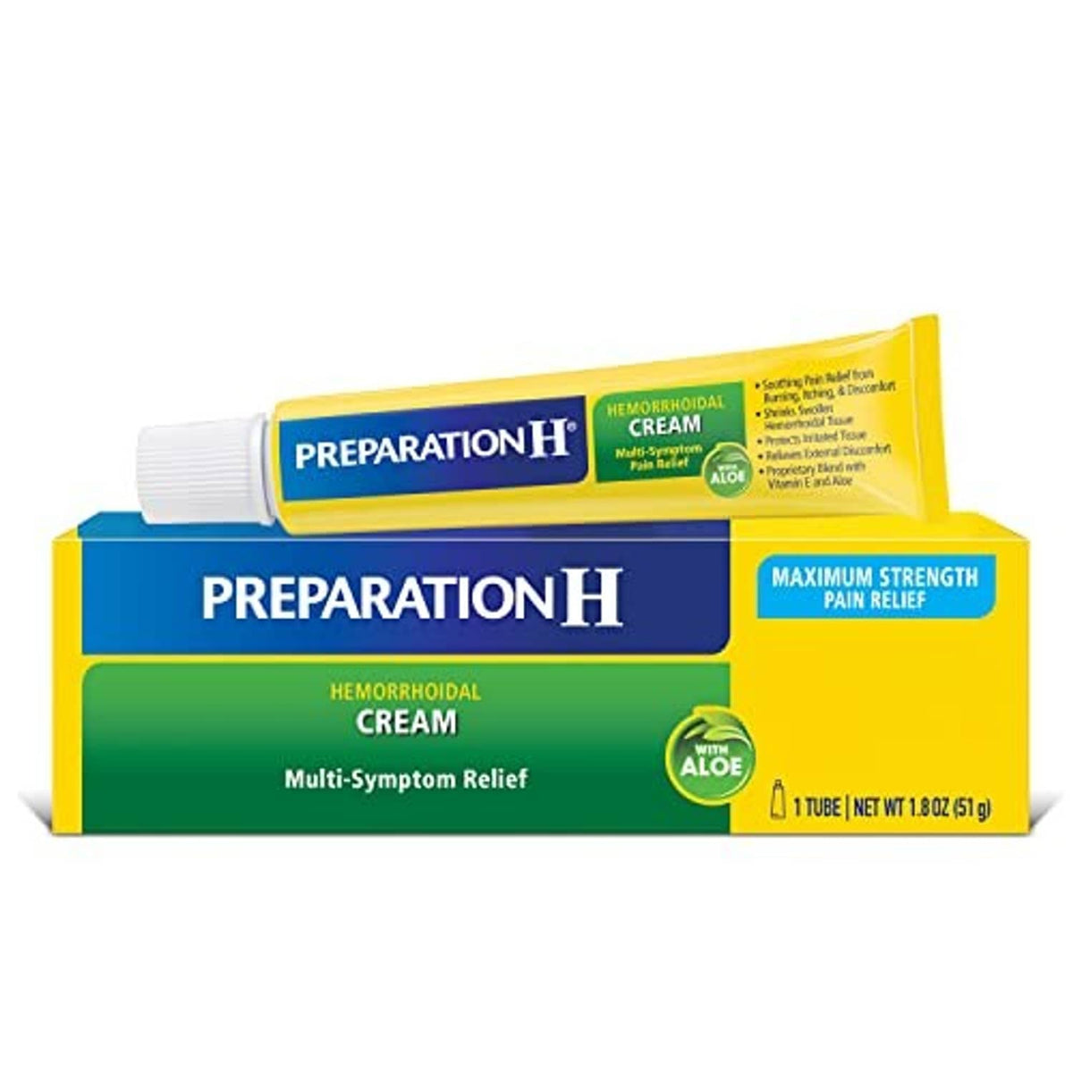 Hemorrhoidal cream box with applicator tube, aloe, and multi-symptom relief