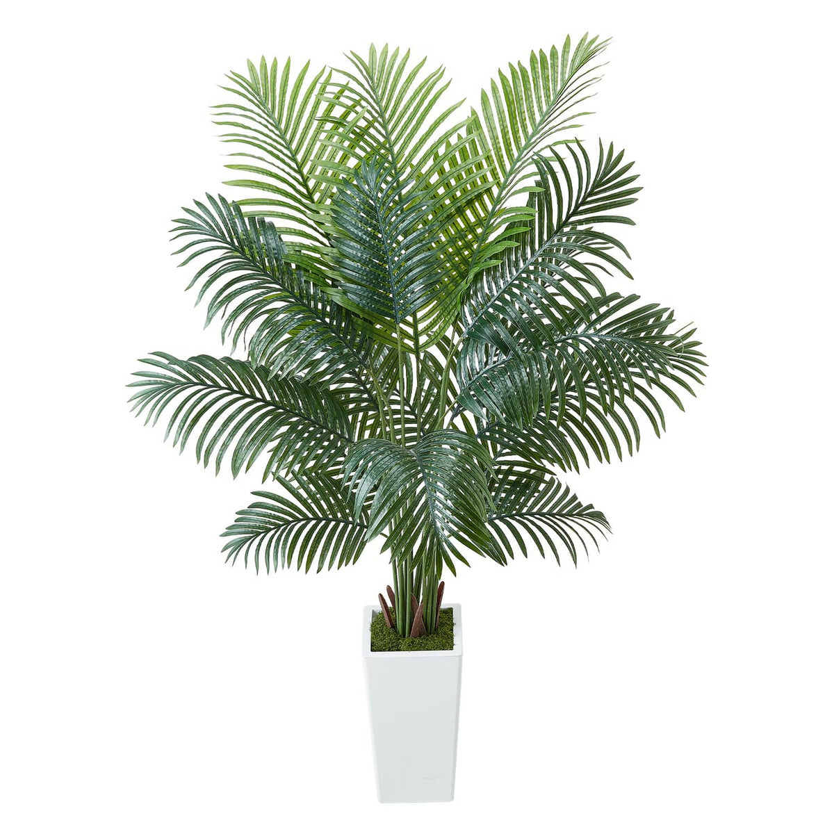 Artificial areca palm tree in a white pot with lush green fronds, full view