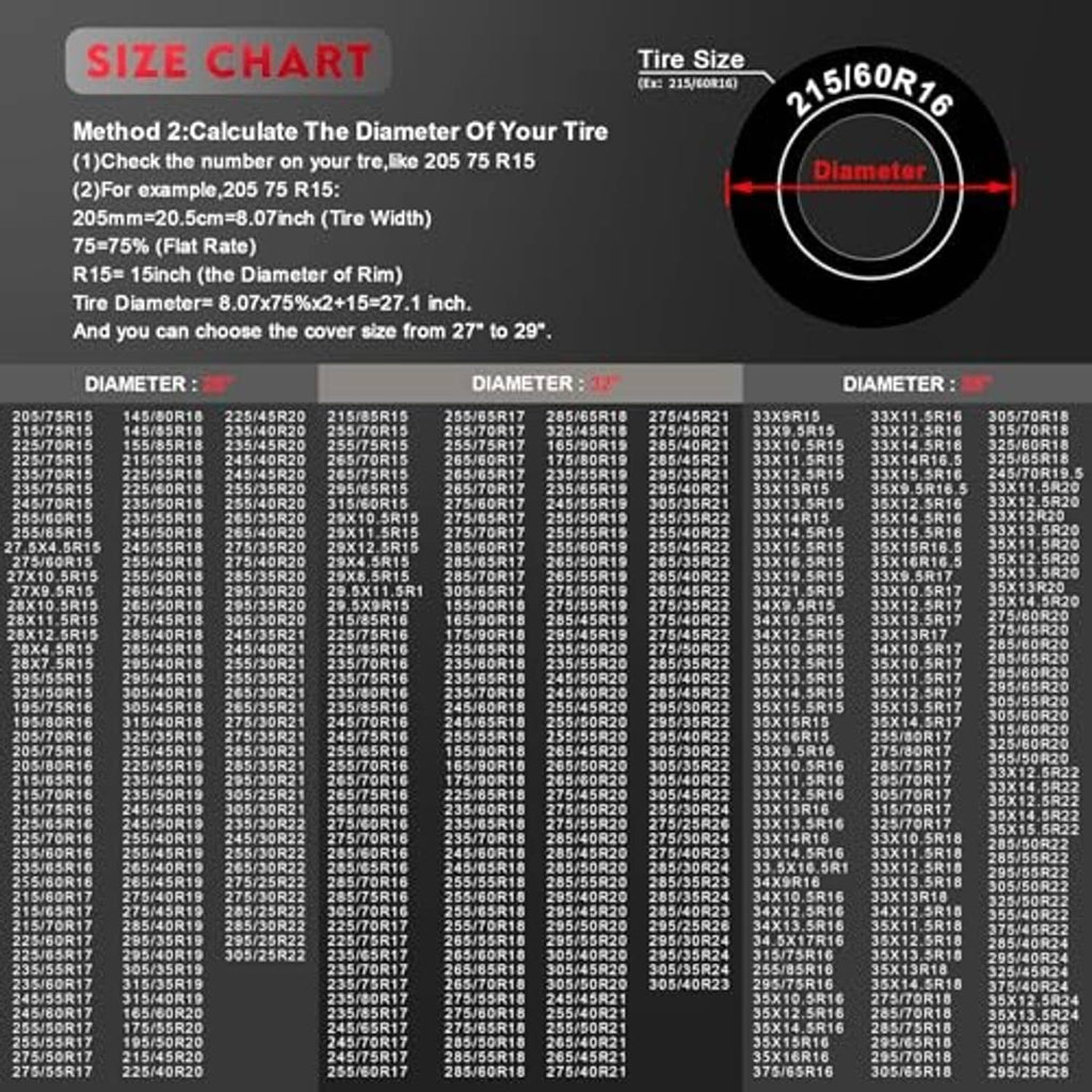 Black tire storage cover size chart graphic background with cover shown centered