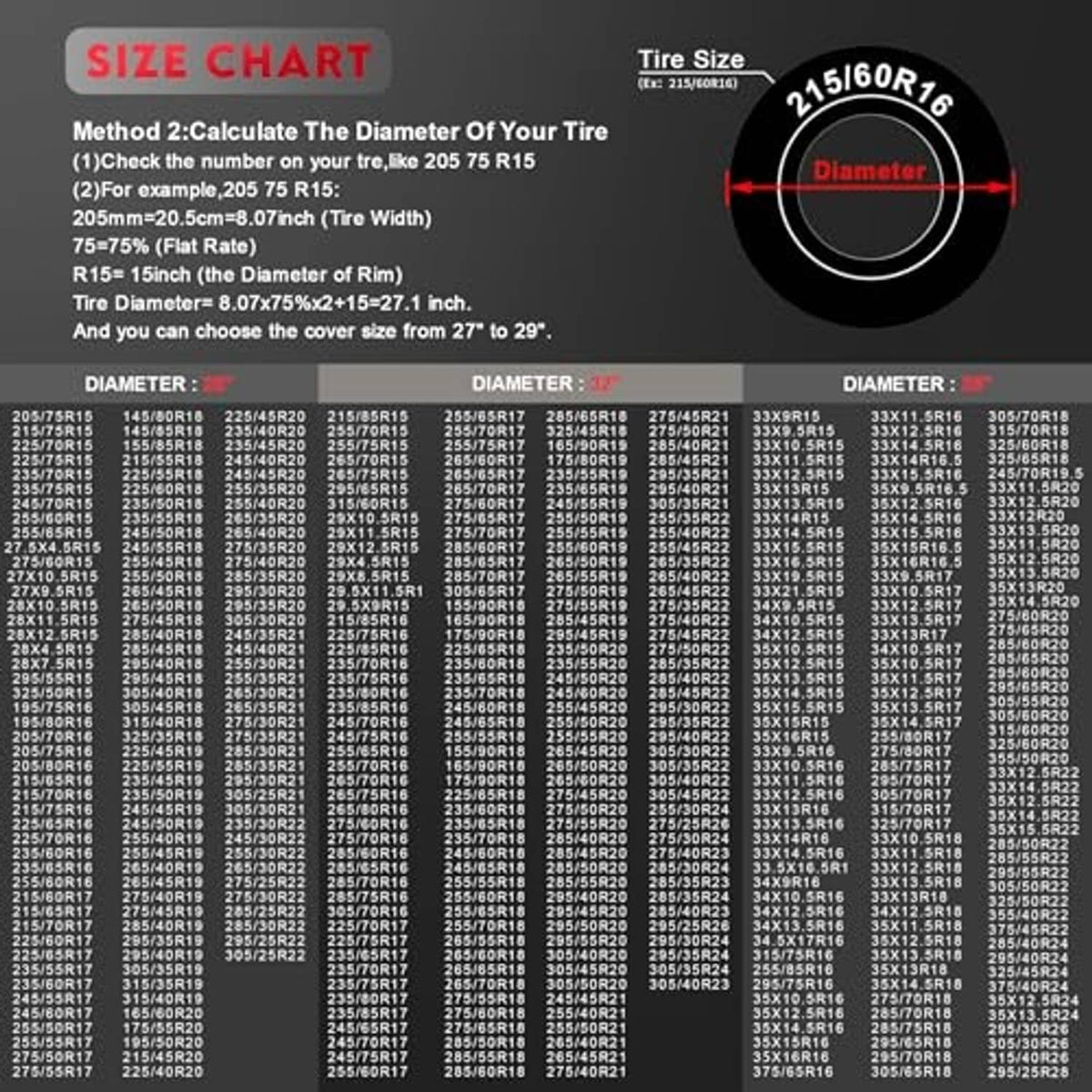 Black tire storage cover size chart graphic background with cover shown centered