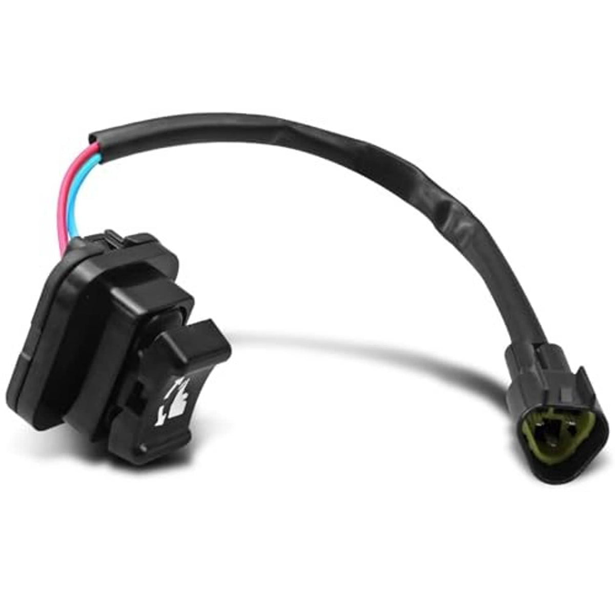 Trim and tilt switch with black housing, colored wire leads, and green plug