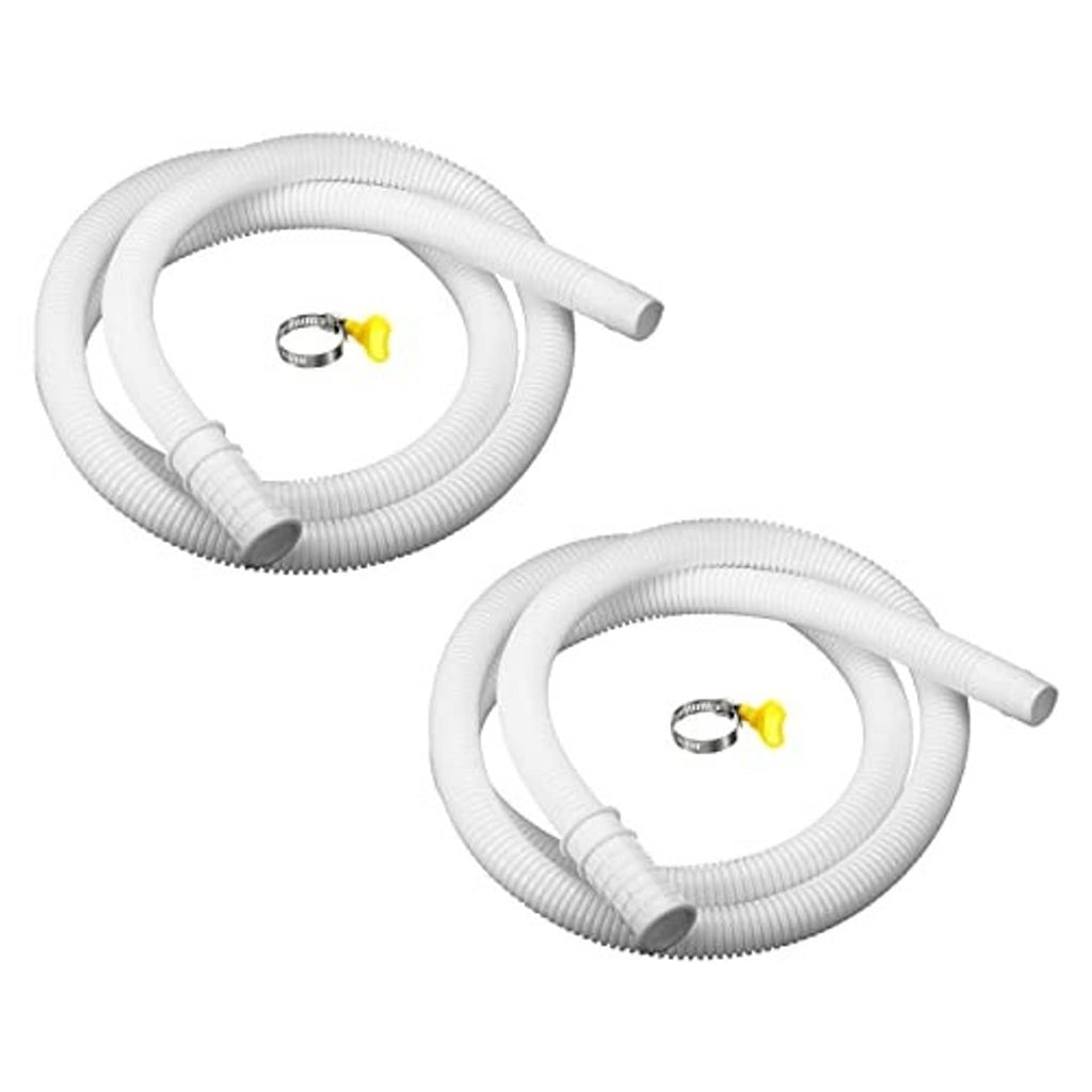 AC condensate drain hose set: two white corrugated hoses with clamp and yellow screw