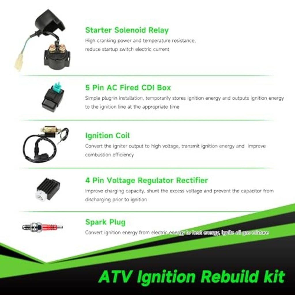 ATV ignition rebuild kit parts: starter solenoid relay, CDI box, ignition coil, regulator, spark plug