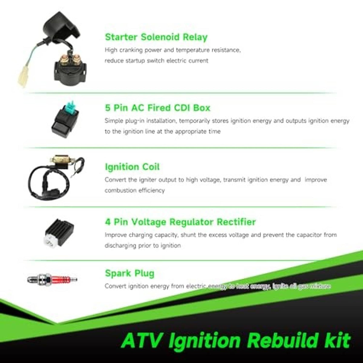 ATV ignition rebuild kit parts: starter solenoid relay, CDI box, ignition coil, regulator, spark plug