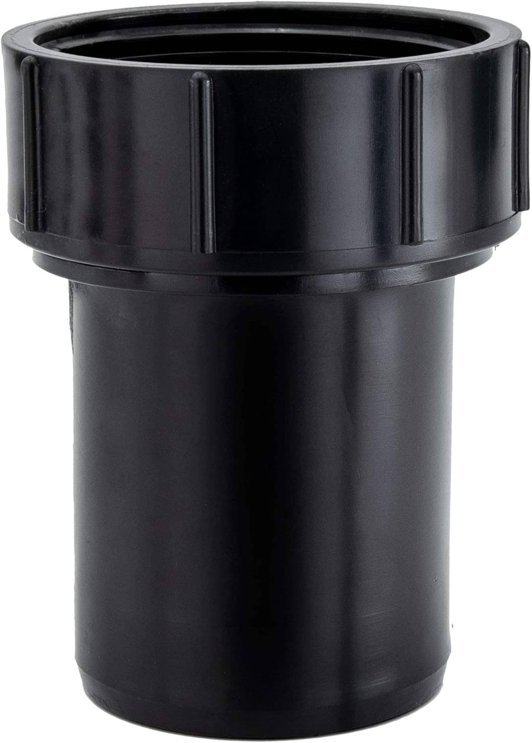 Black ABS drain tailpiece with threaded rim opening