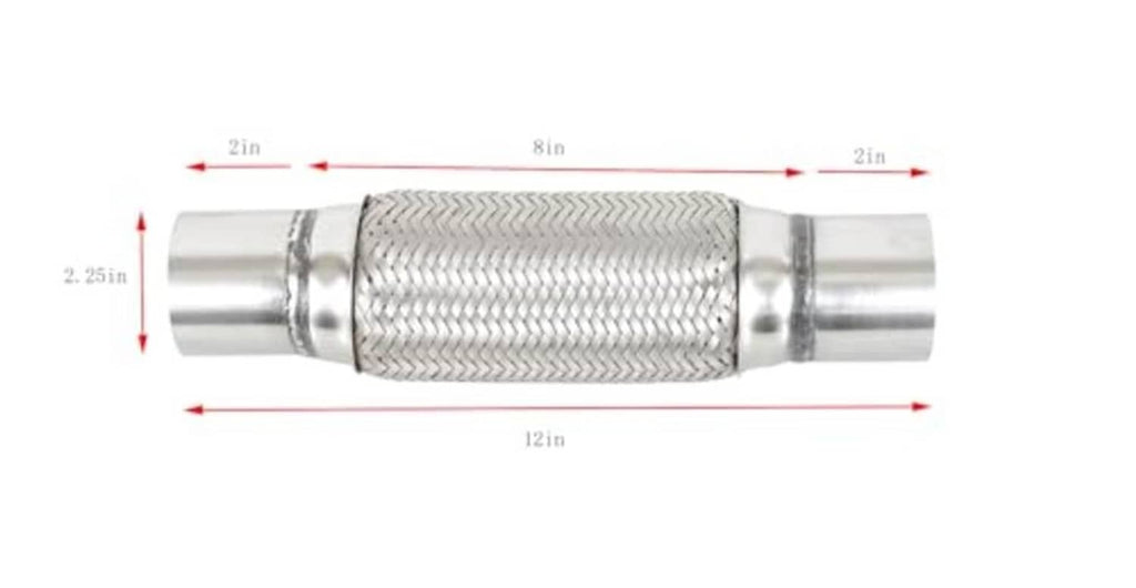 Universal stainless steel exhaust flex pipe dimensions: 2.25 in x 8 in/12 in