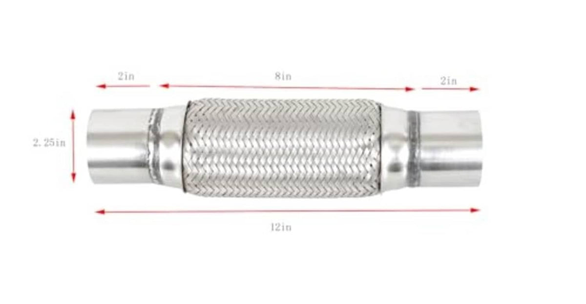 Universal stainless steel exhaust flex pipe dimensions: 2.25 in x 8 in/12 in
