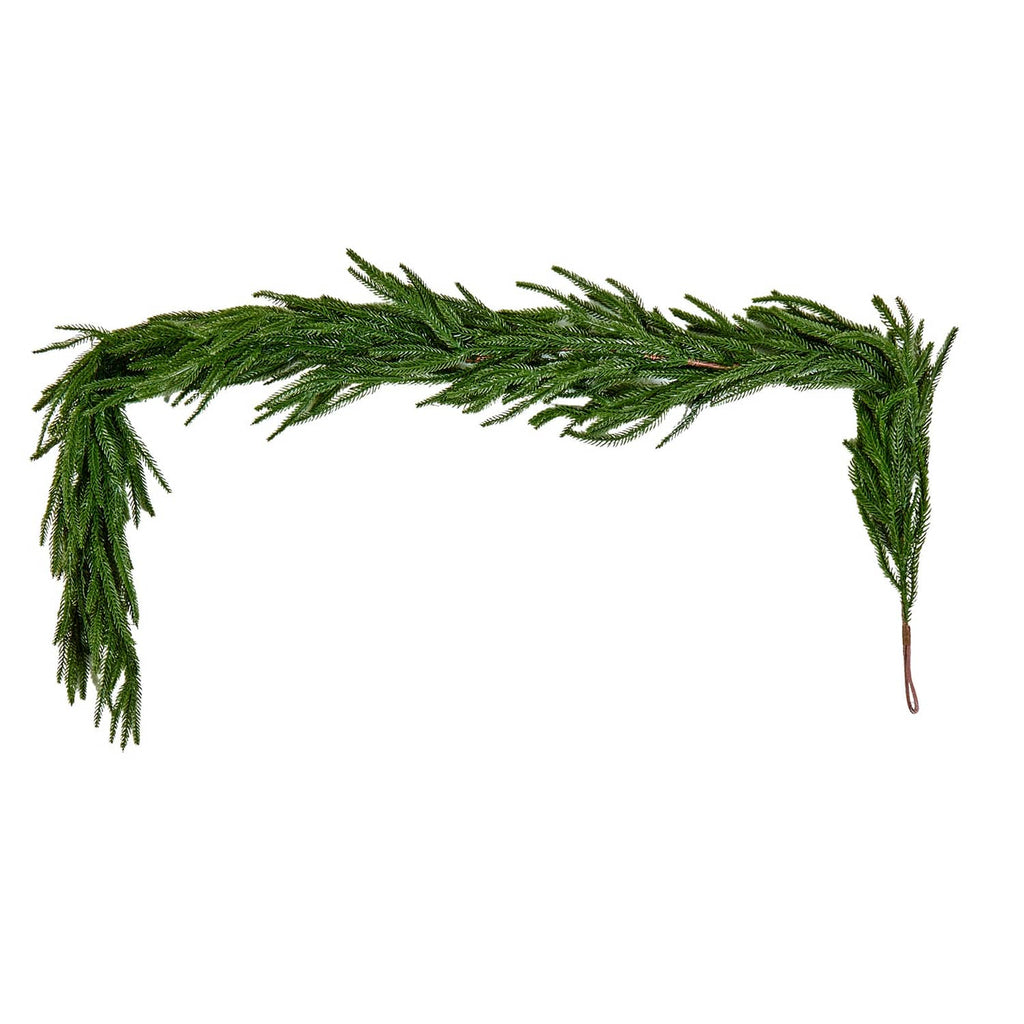 Artificial green Christmas garland with pine-like needles and dangling ends