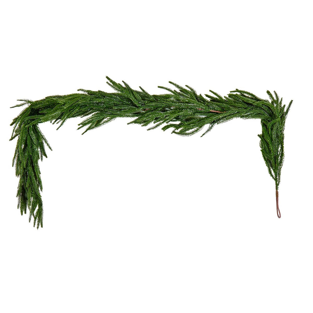 Artificial green Christmas garland with pine-like needles and dangling ends