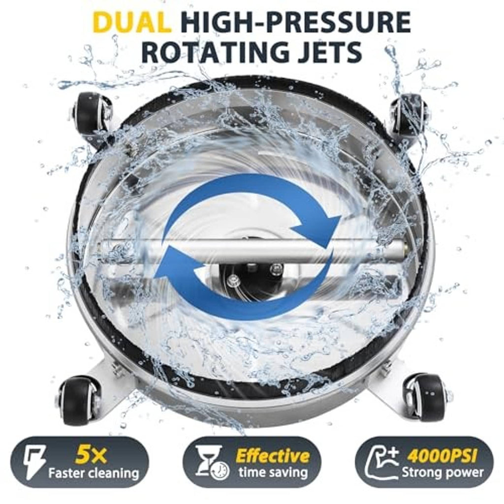 Pressure washer surface cleaner head with dual rotating jet openings and four caster wheels