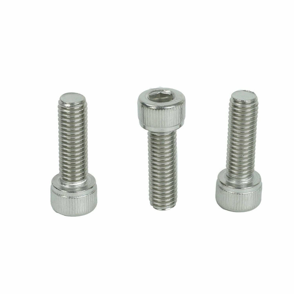 Three steel socket-head bolts with smooth shank and hex recess, silver finish