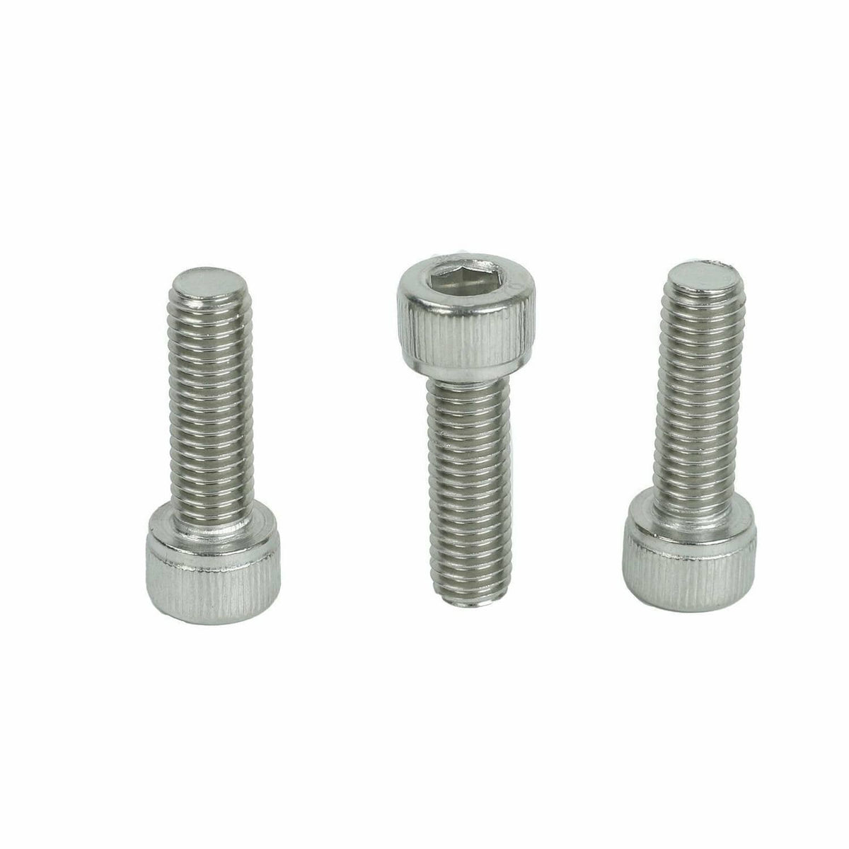 Three steel socket-head bolts with smooth shank and hex recess, silver finish