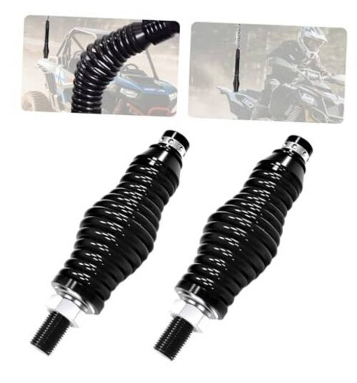 Two black coiled shock springs with threaded stud ends for whip light mounting