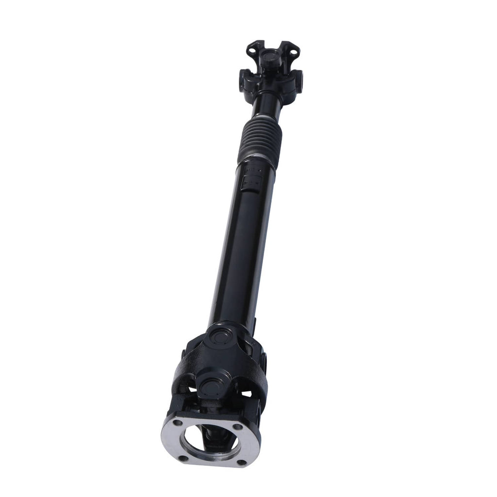 Front drive shaft assembly with yoke and flange ends, black metal with rubber boot