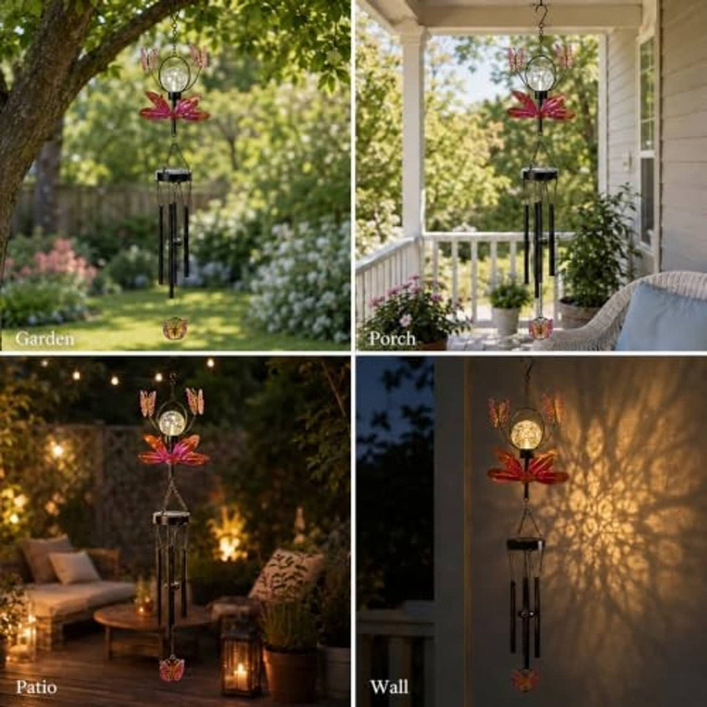 Solar wind chime with butterfly flower spinner displayed in garden, porch, patio, and wall scenes