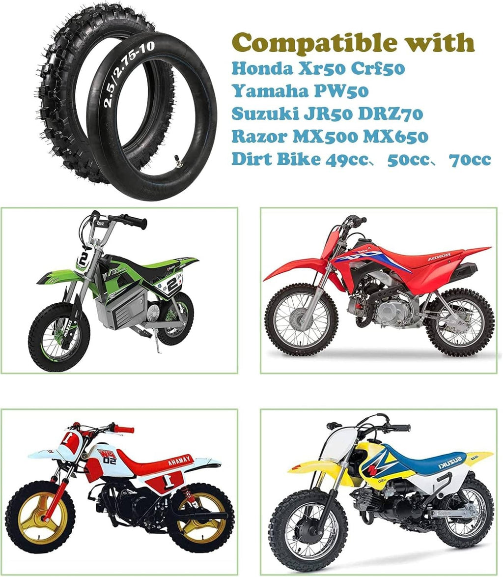 Two black knobby off-road tires with molded sidewall for small dirt bikes