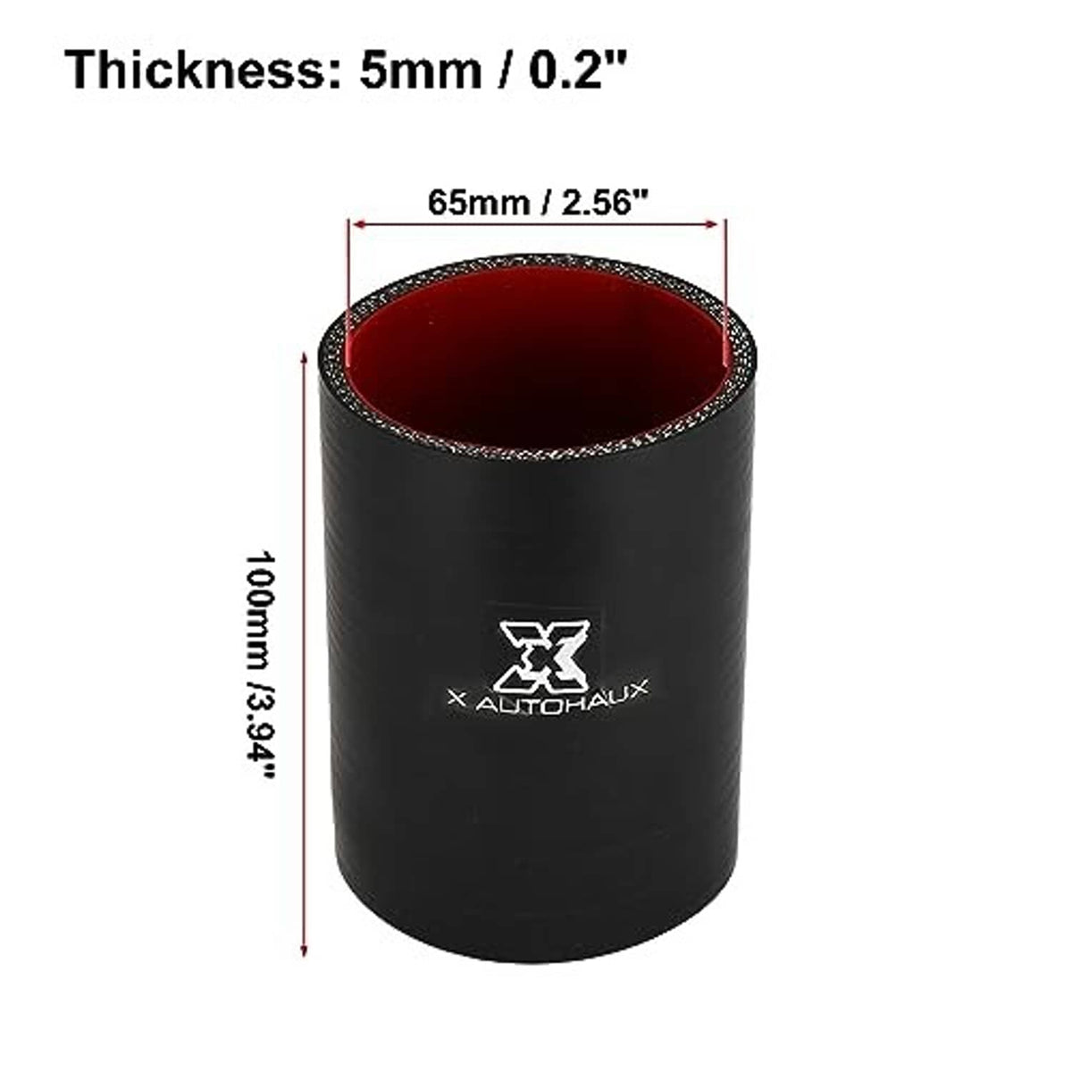 Black silicone coupler: 65mm opening, 100mm height, 5mm thickness, red interior