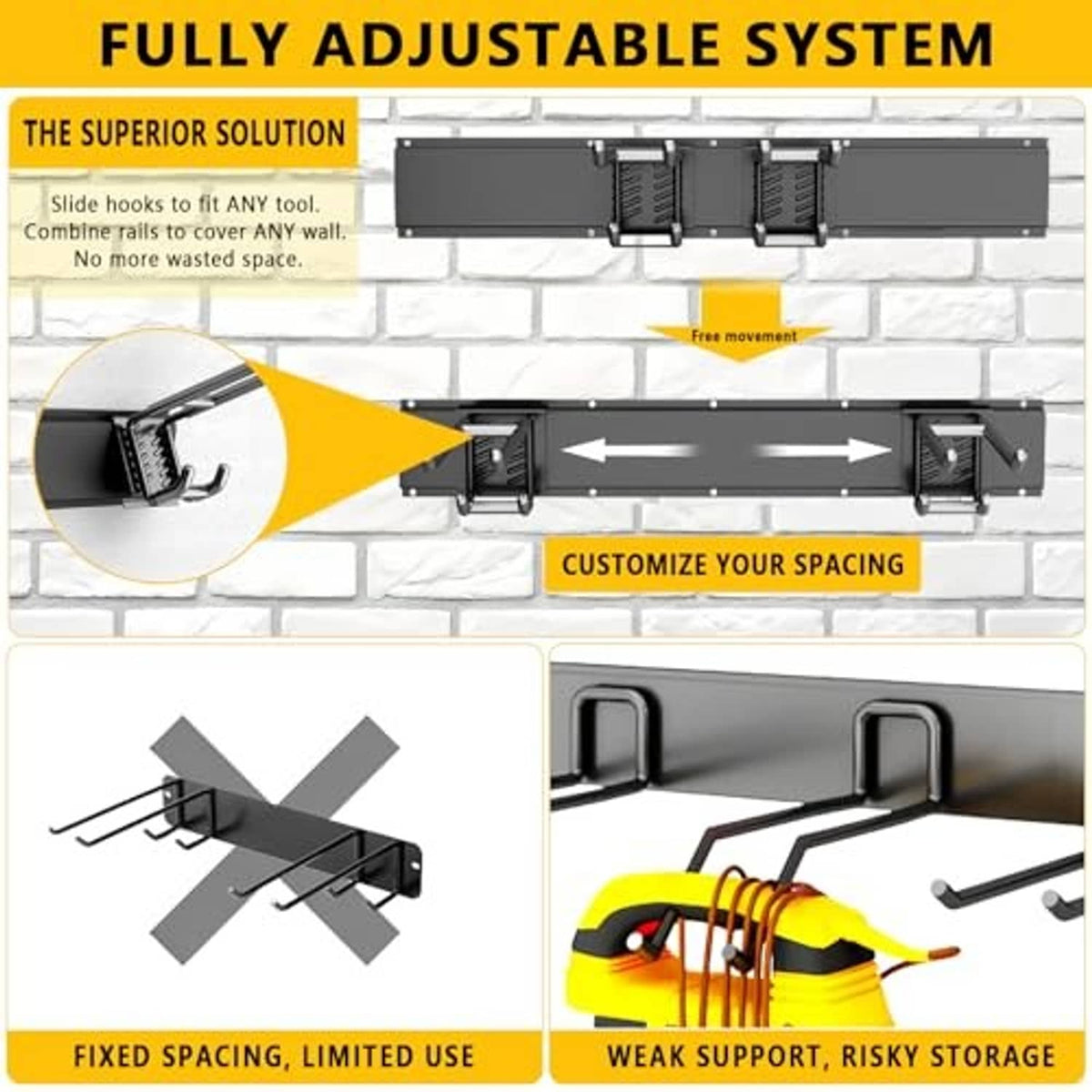 Wall-mount tool organizer with sliding hooks to customize spacing for different tools
