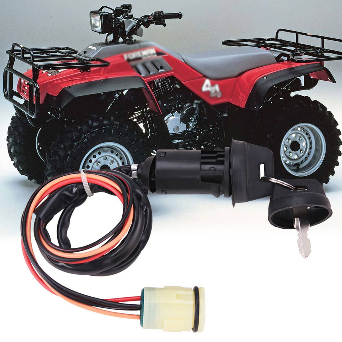 Ignition switch key with wiring harness and two connectors for ATV ignition system