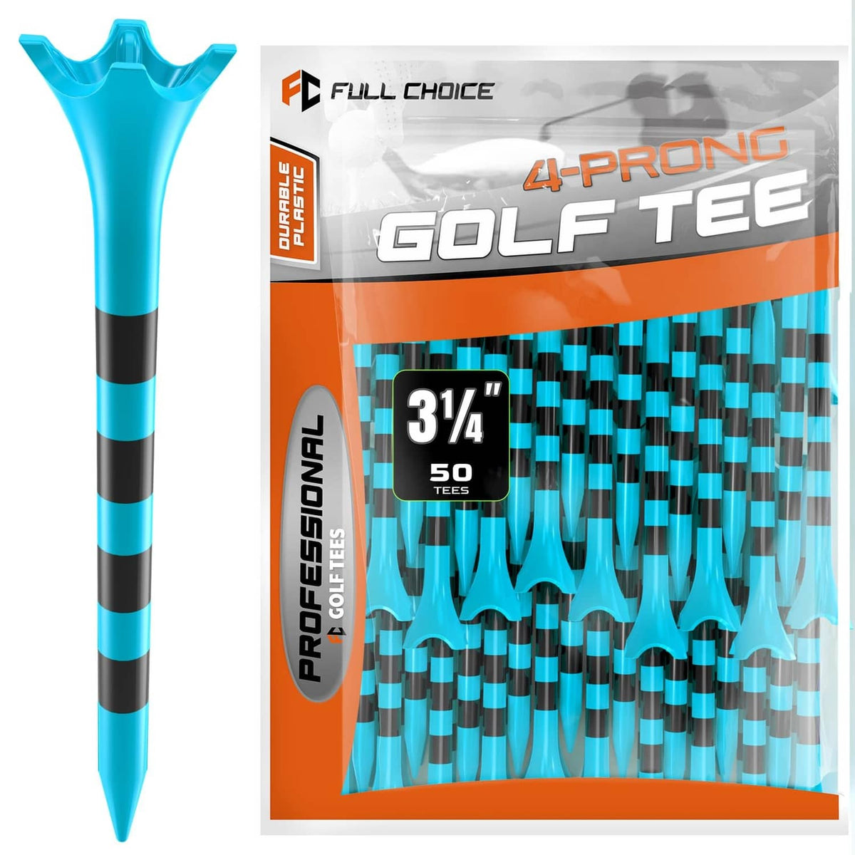 Blue 3-1/4 in plastic golf tee, 4-prong head, shown with 100-pack bag