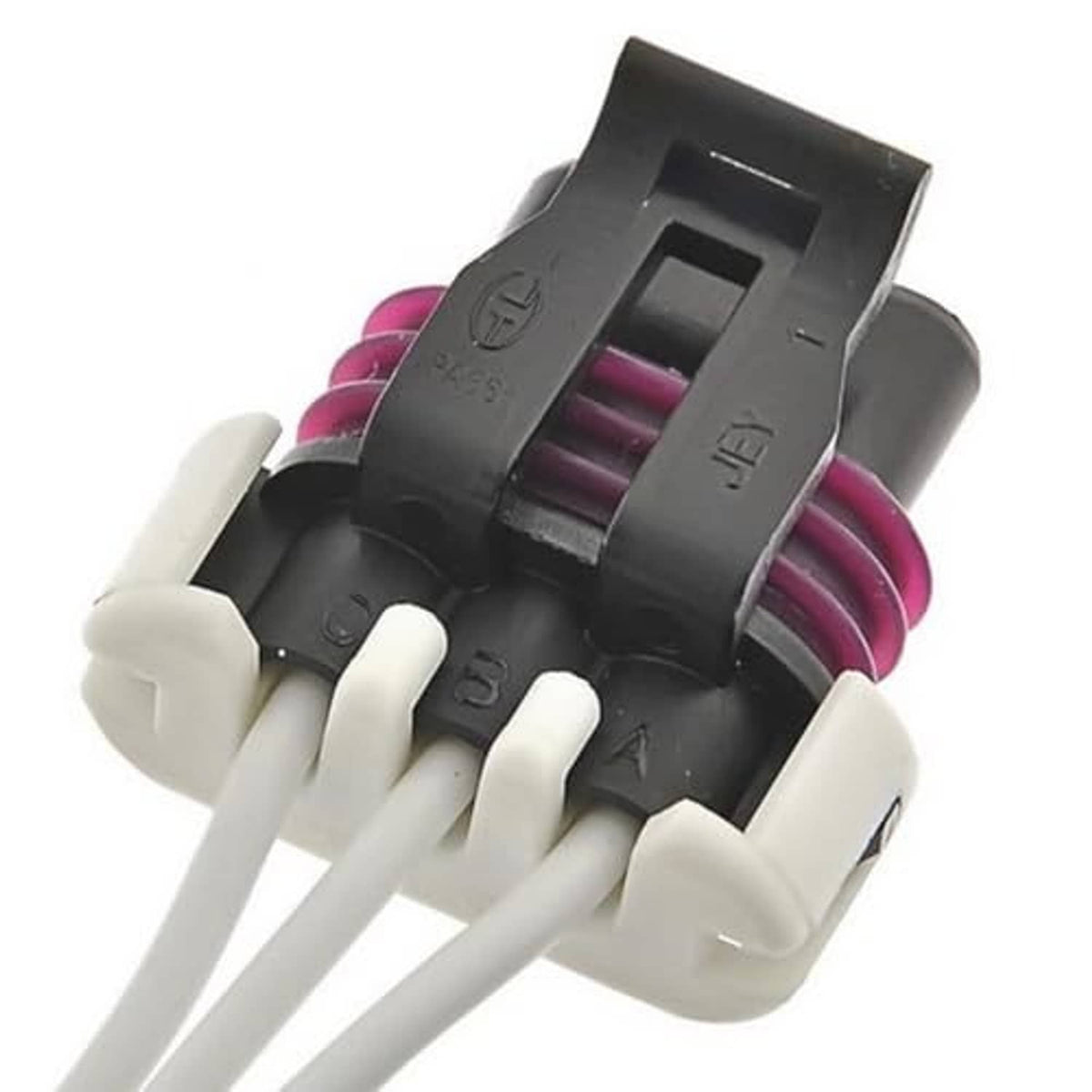 Throttle body actuator wiring pigtail connector with black clip, purple wires, white plug body