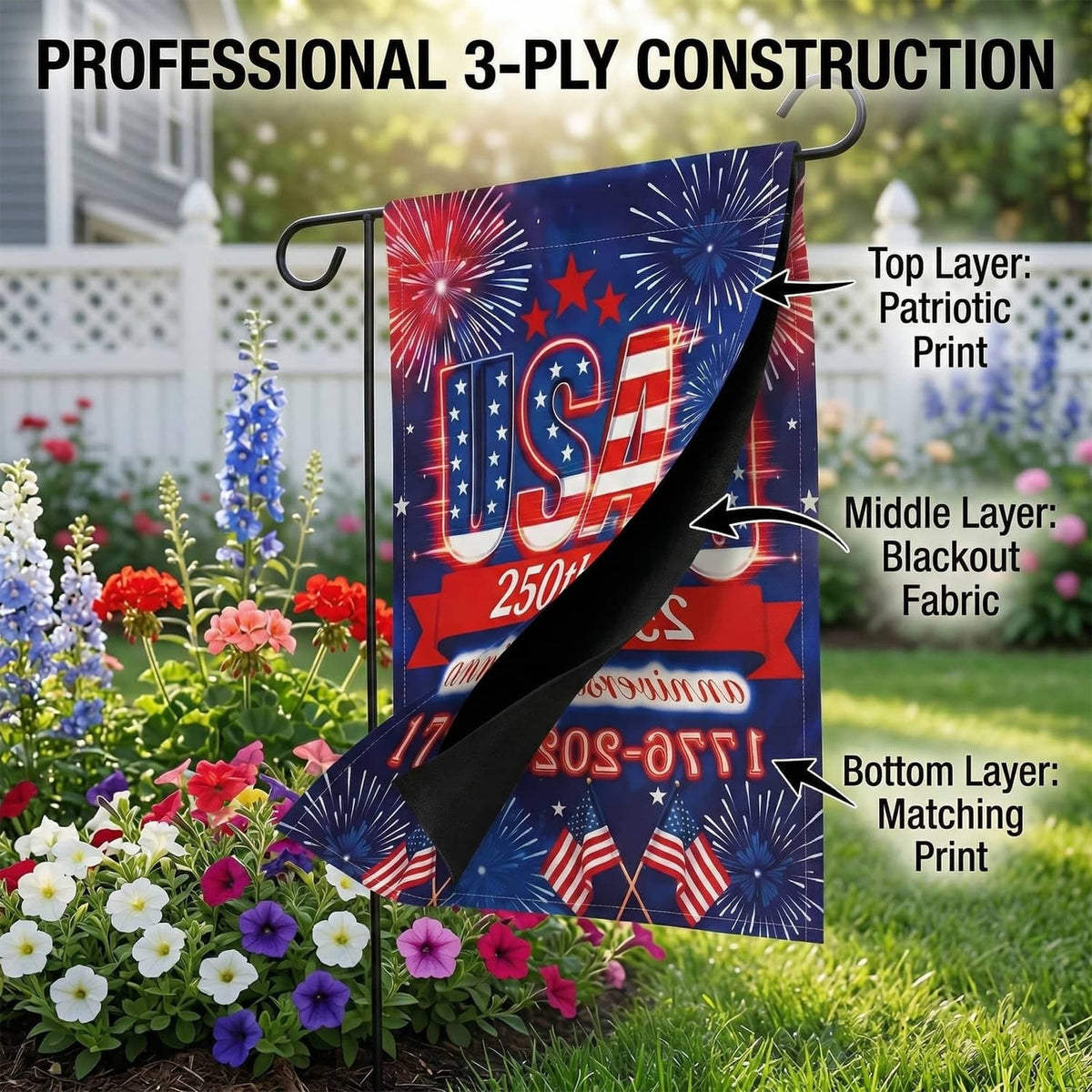 USA 250th anniversary garden flag with patriotic stars and fireworks, angled view