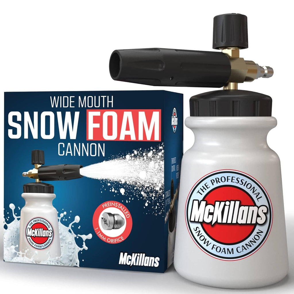 Wide-mouth foam cannon bottle with black lid and brass pressure-washer connector