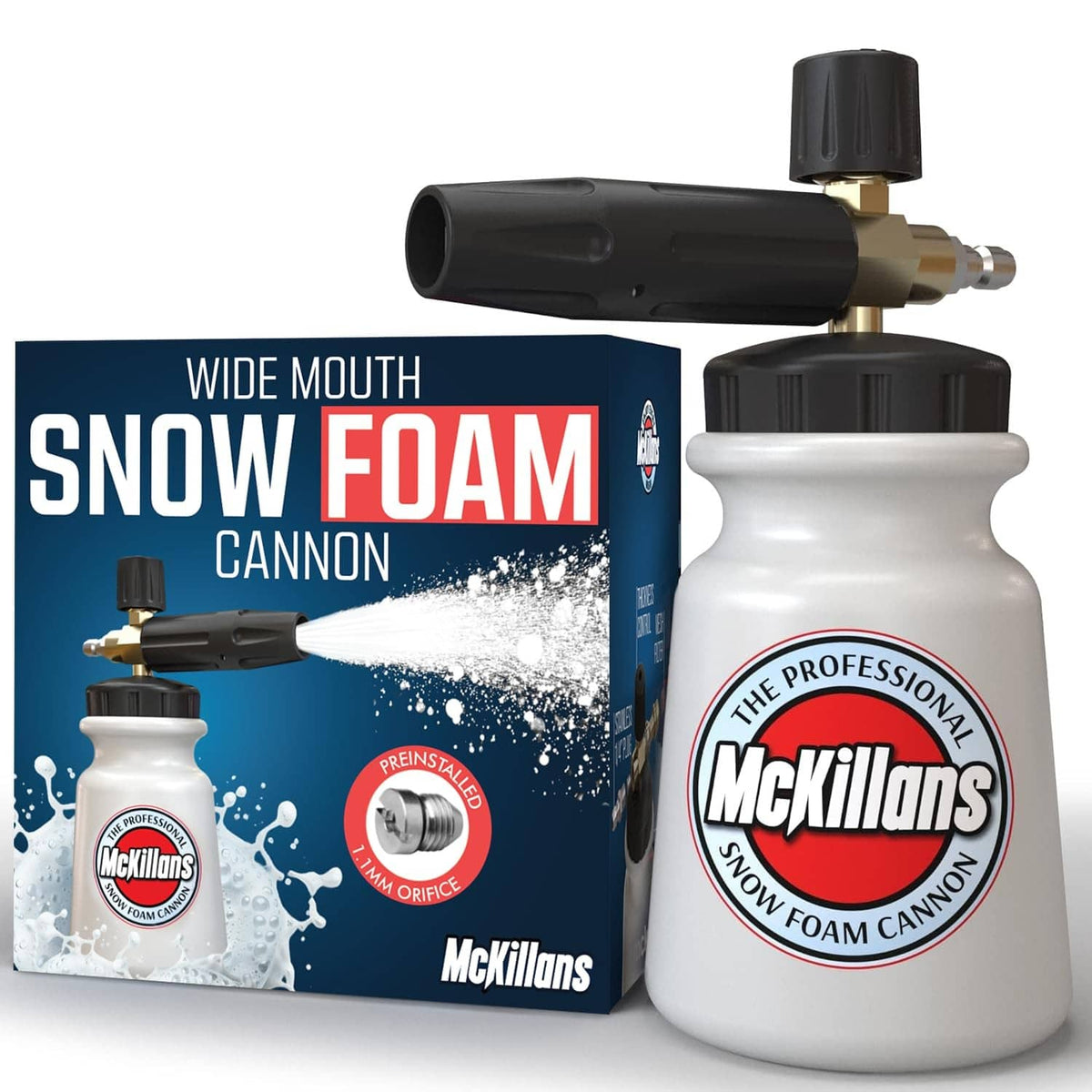 Wide-mouth foam cannon bottle with black lid and brass pressure-washer connector