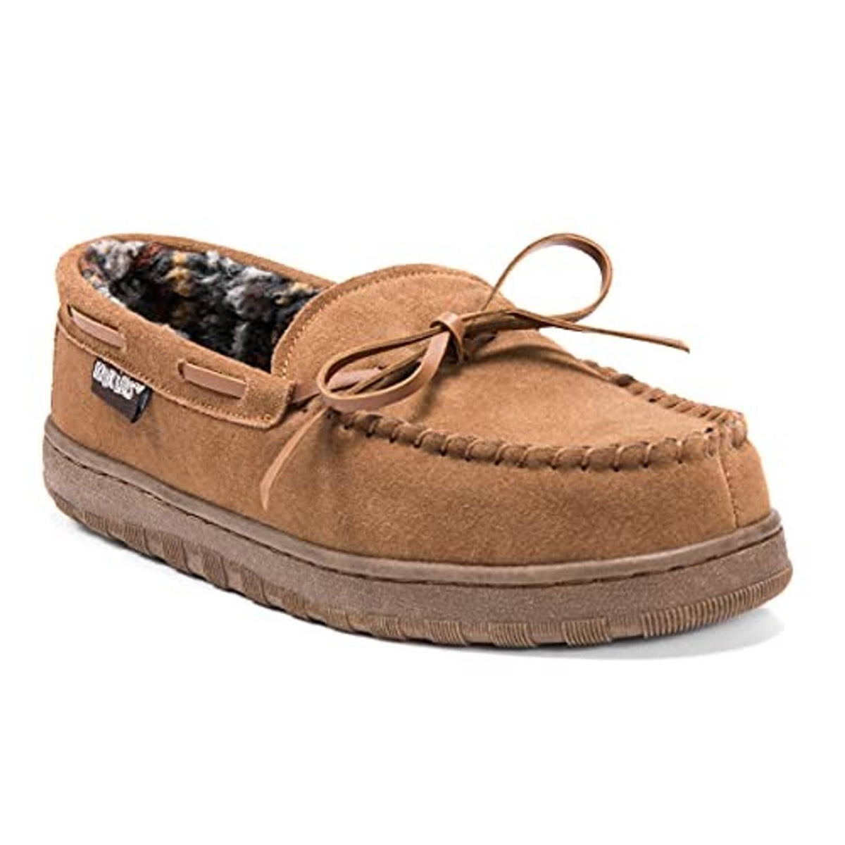Tan suede slip-on moccasin slipper with side strap, faux-fur interior, lace tie sole