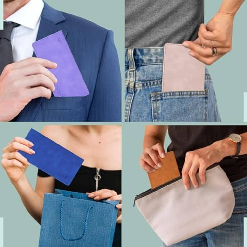 Slim pocket planner carried in shirt, jeans, and tote pockets