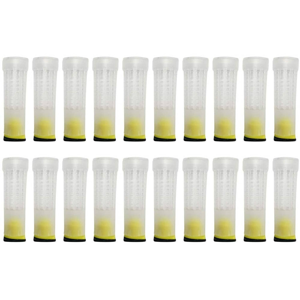 Set of clear queen bee rearing cups with yellow bases, multiple cylinders