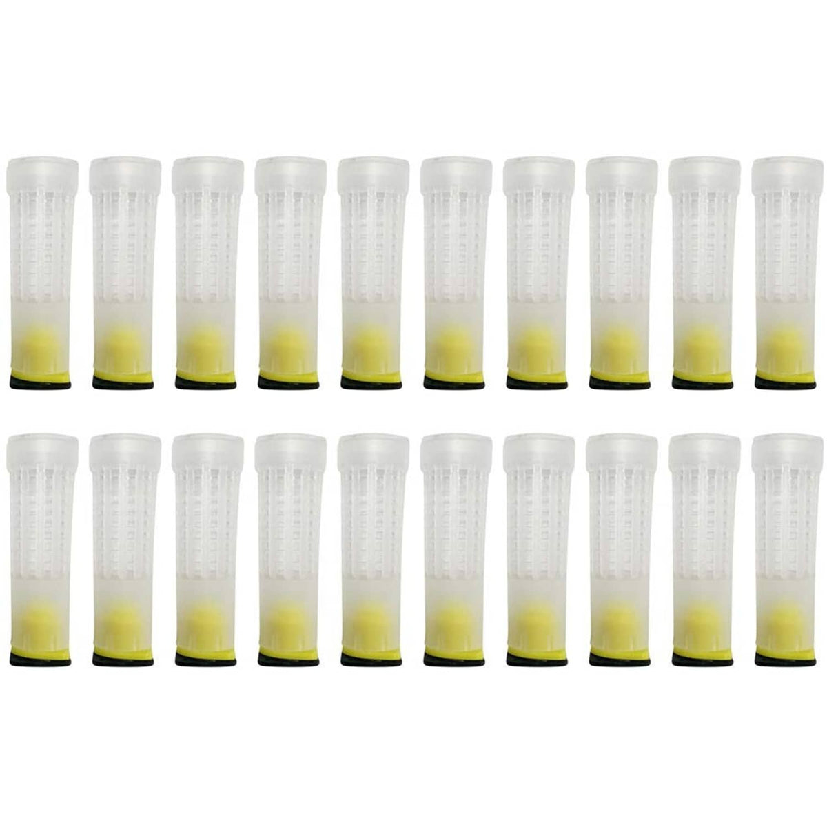 Set of clear queen bee rearing cups with yellow bases, multiple cylinders