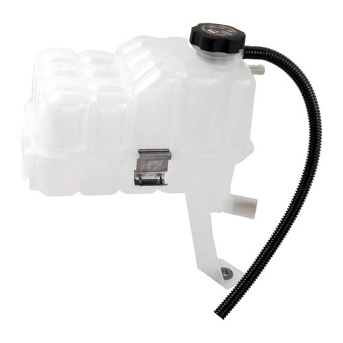 White coolant reservoir tank with sensor outlet, black cap, and black corrugated hose