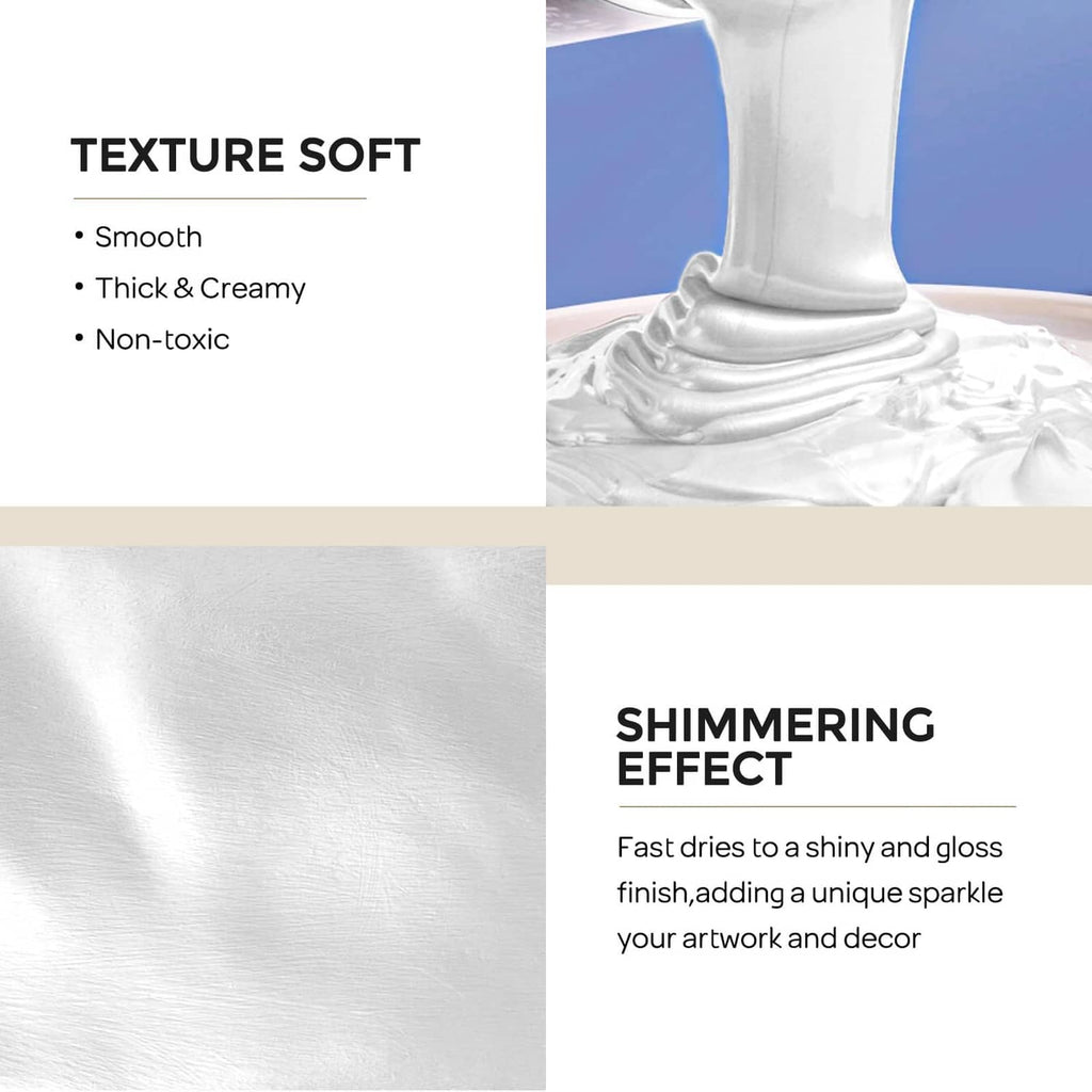 Smooth, thick creamy metallic white acrylic paint with glossy shimmering finish