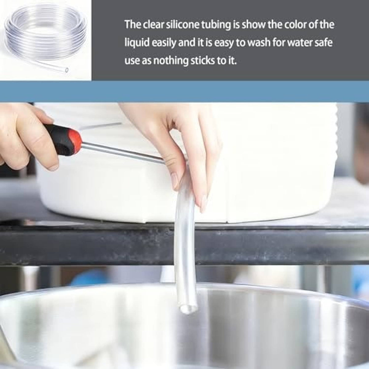 Clear flexible PVC tube dispensing from a spool, transparent plastic water tube