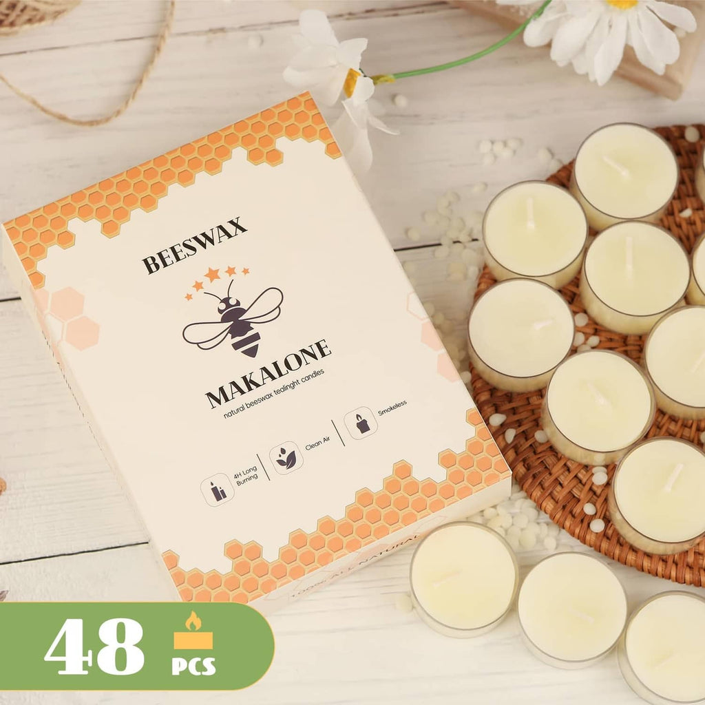 Cream beeswax tea light candles with box packaging and tray, candles unlit