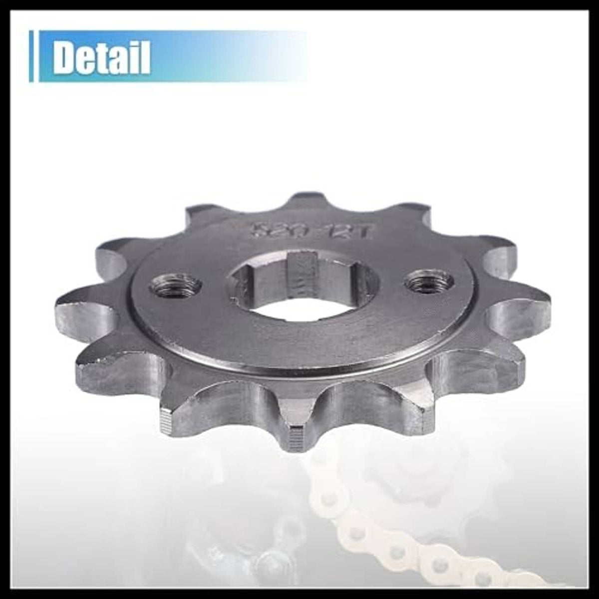Close-up steel 12-tooth sprocket with inner slot and bolt holes