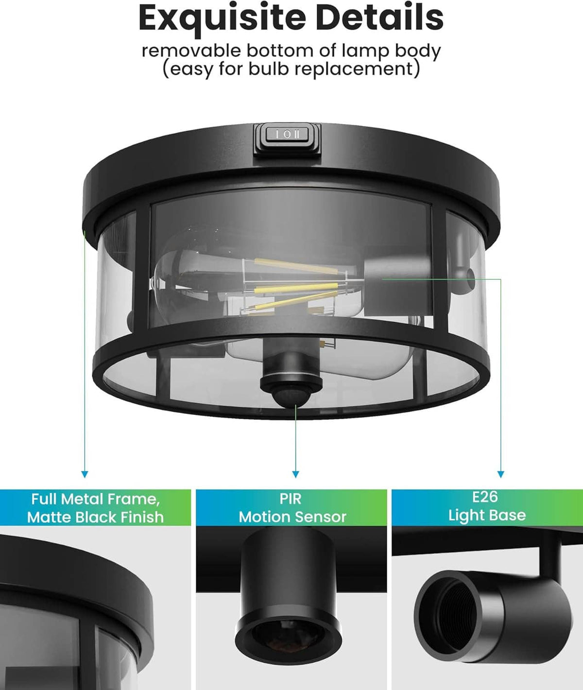 Black ceiling light with full metal frame, PIR motion sensor, and E26 light base