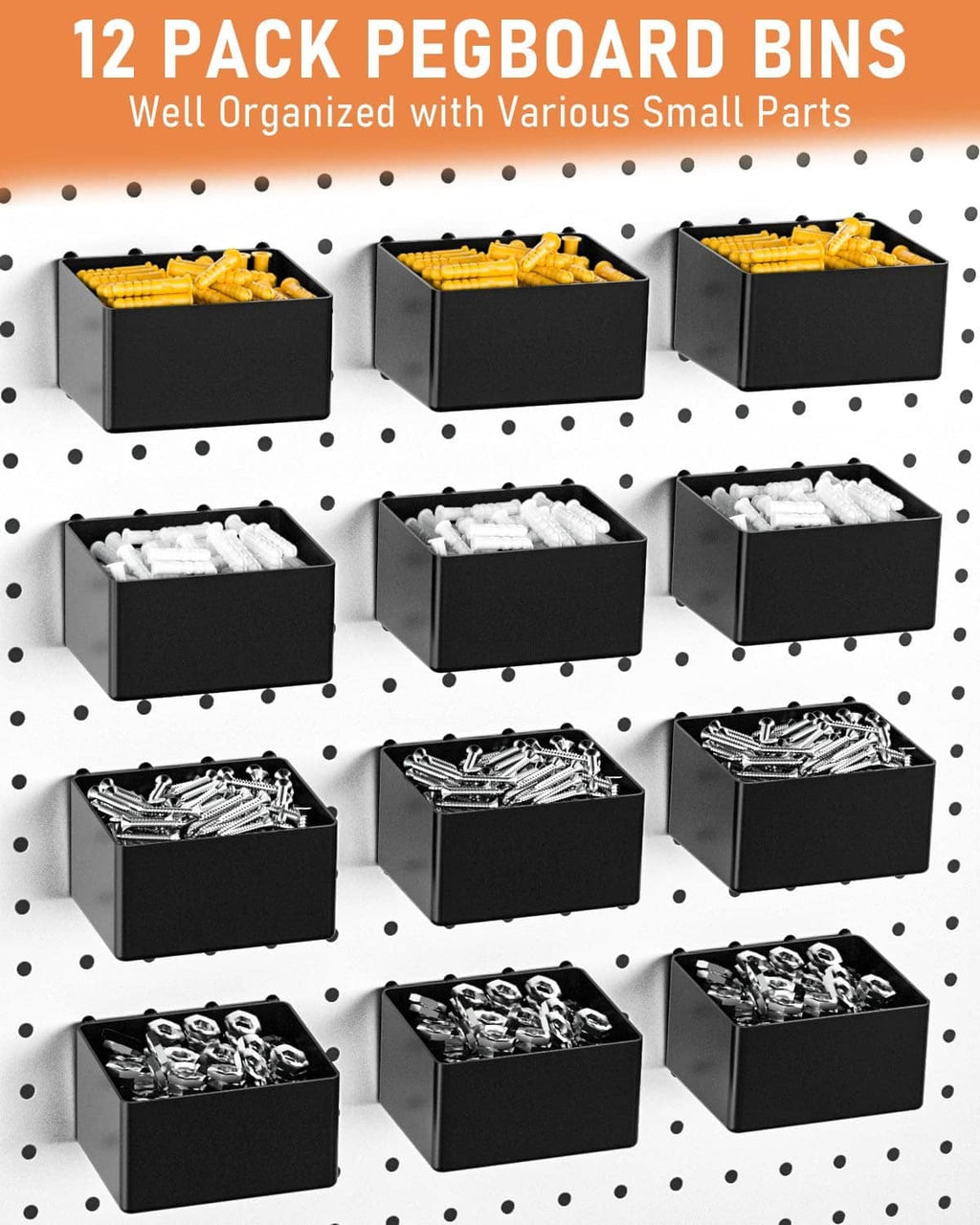 12-pack pegboard storage bins in matte black for small parts and hardware