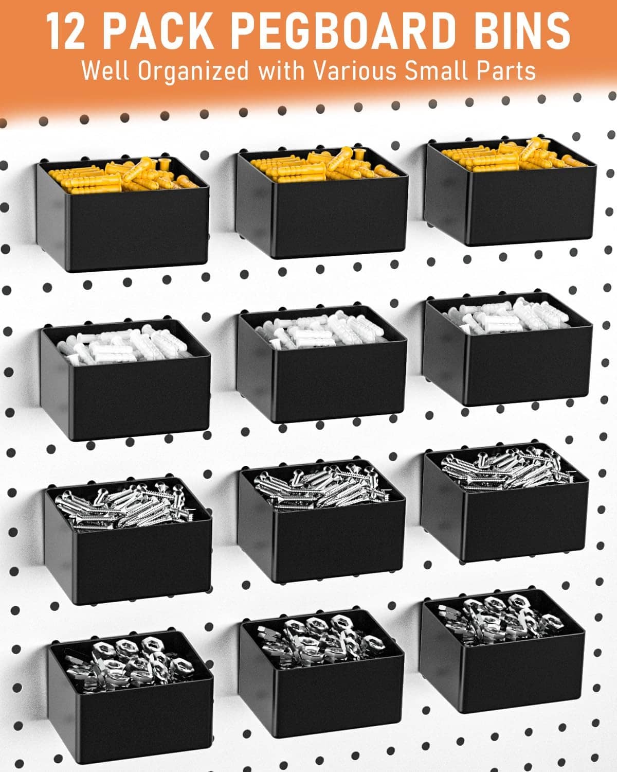 12-pack pegboard storage bins in matte black for small parts and hardware