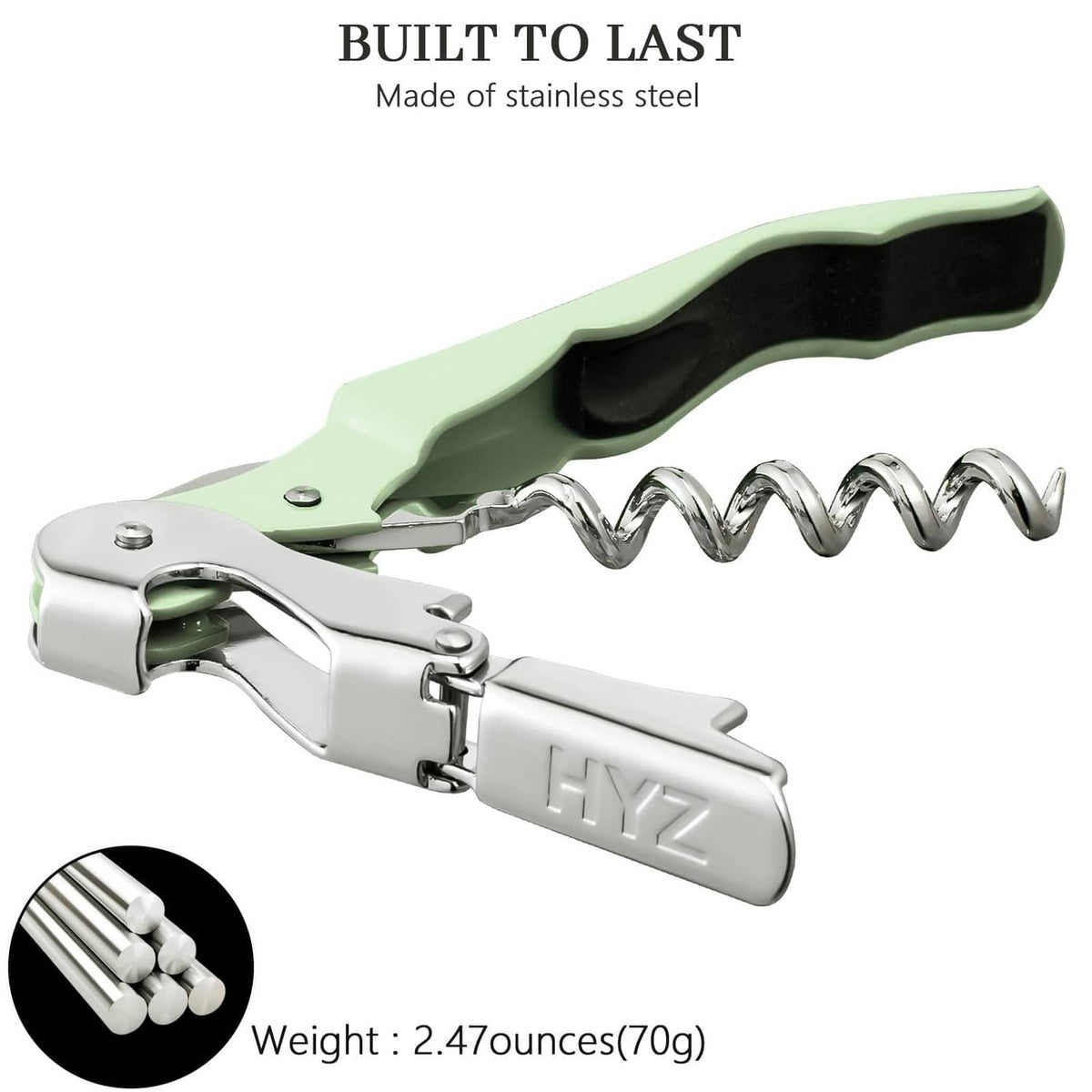 Stainless steel wine opener corkscrew with mint green handle and spiral