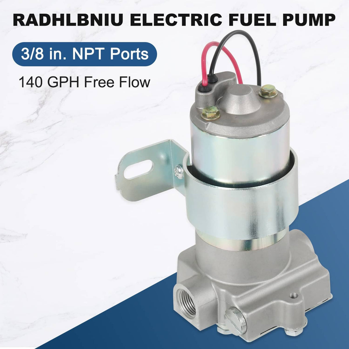 Electric fuel pump with side inlet and mounting plate, silver and light blue