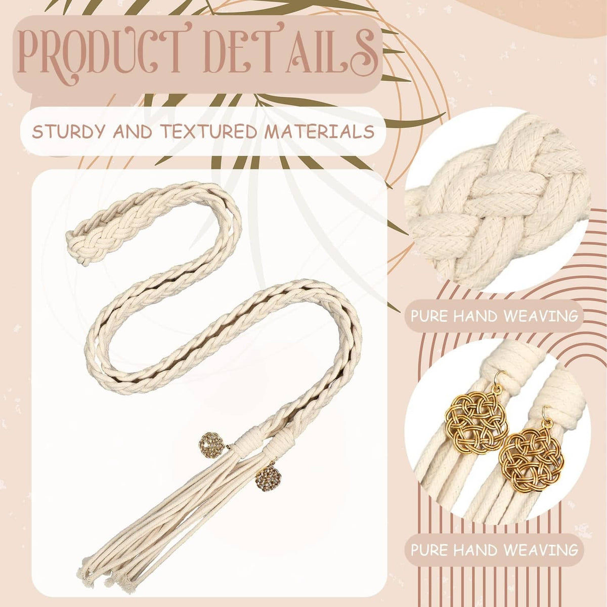 Ivory braided wedding lasso cord with gold charm ends, laid out