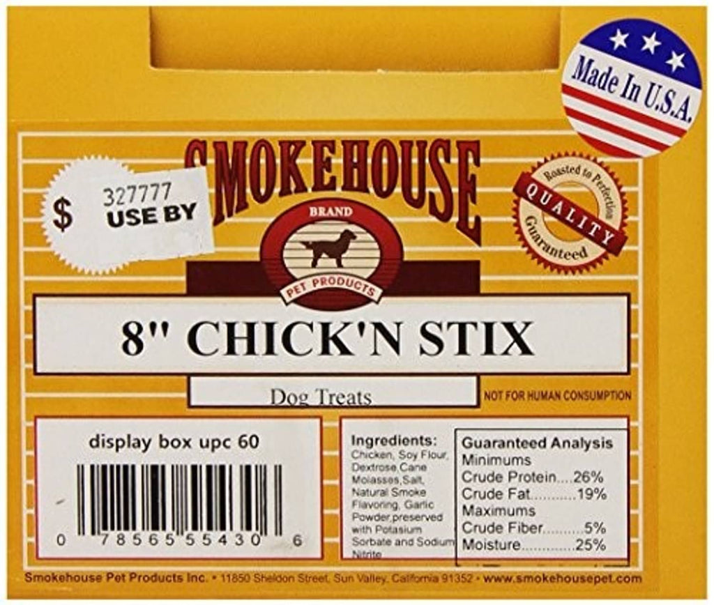 Dog treat box front label showing 8'' CHICK'N STIX and Made in U.S.A.
