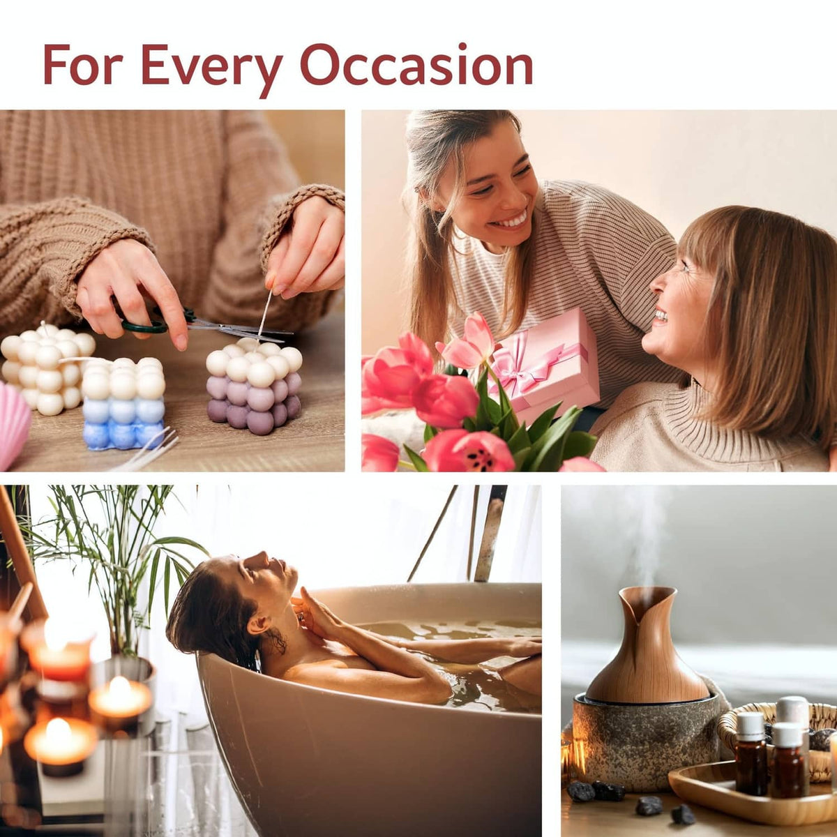 Essential oil self-care scenes with aromatherapy diffuser, candles, and a gift set tray