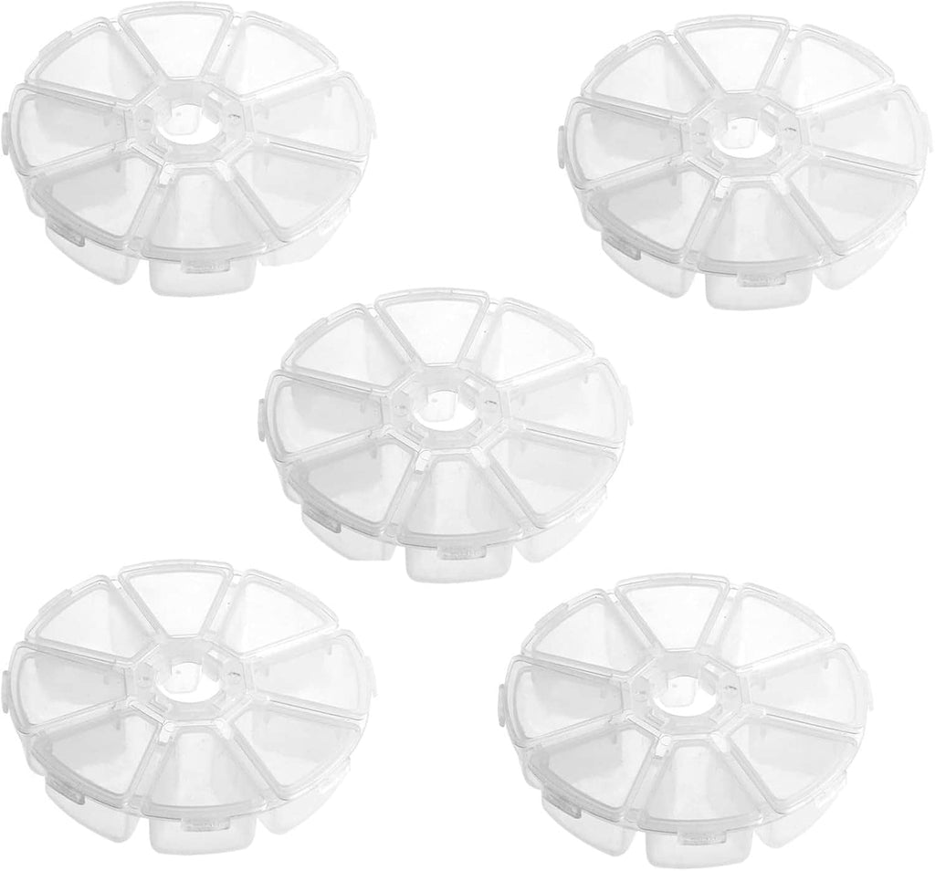 Five clear round bead storage organizers with divided 8-compartment wheel lids