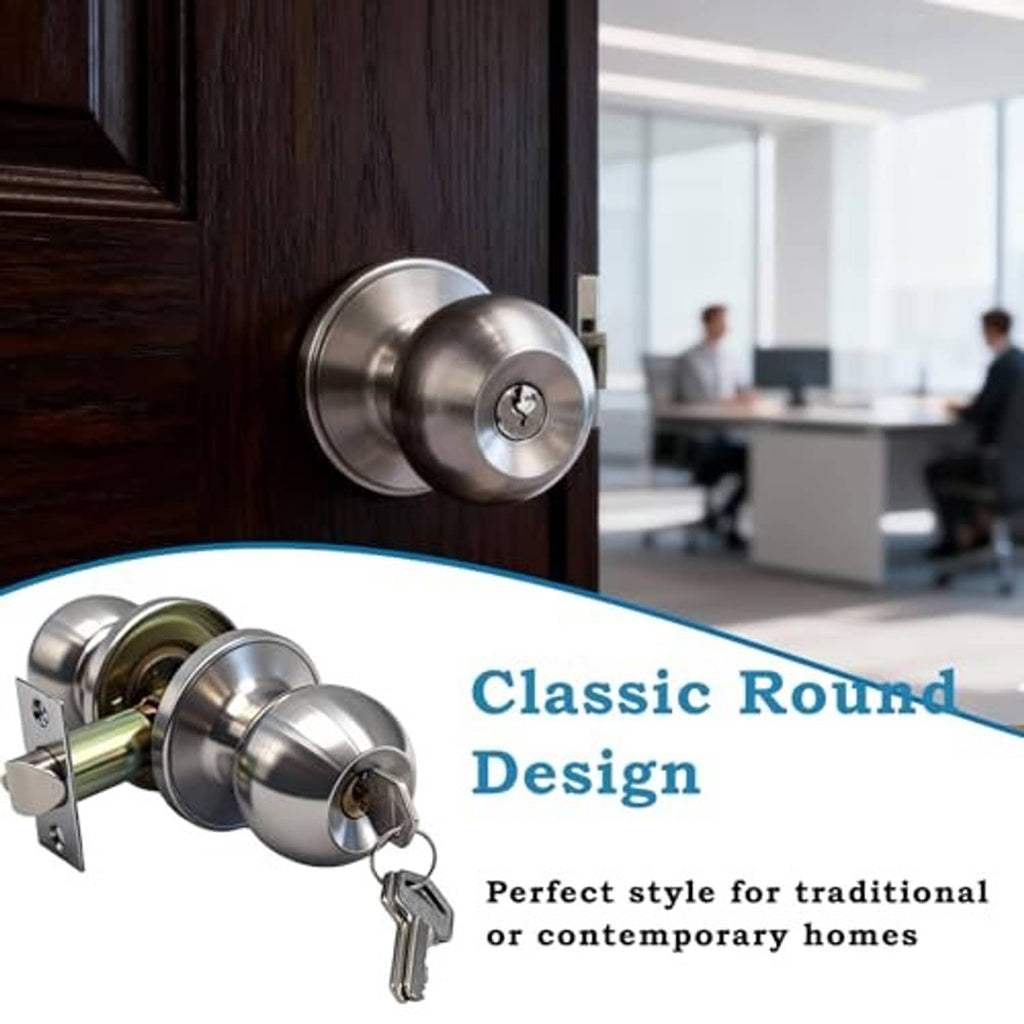 Silver round door knob and single-cylinder deadbolt on a wooden entry door